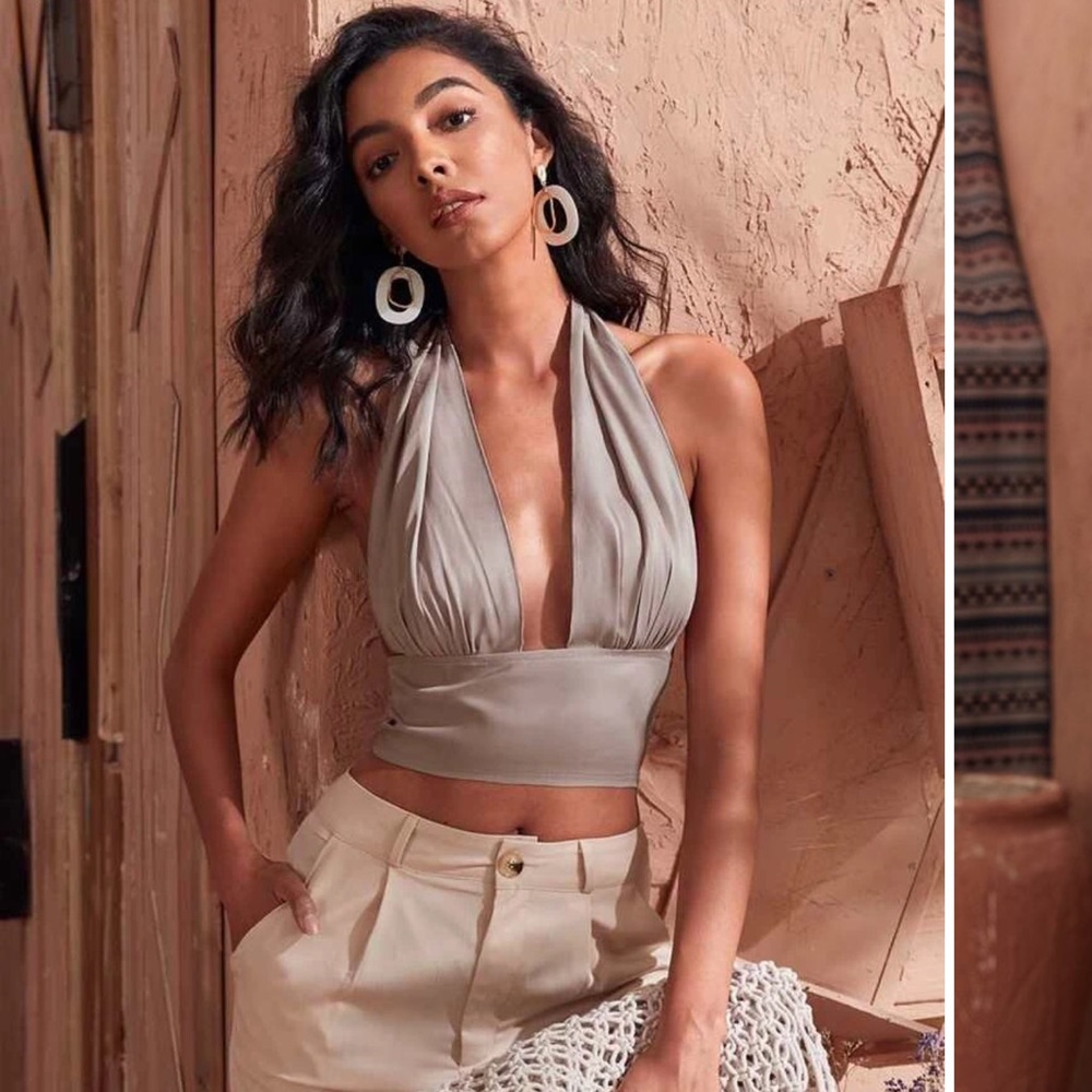 Plunging Neck Tie Back Crop Top